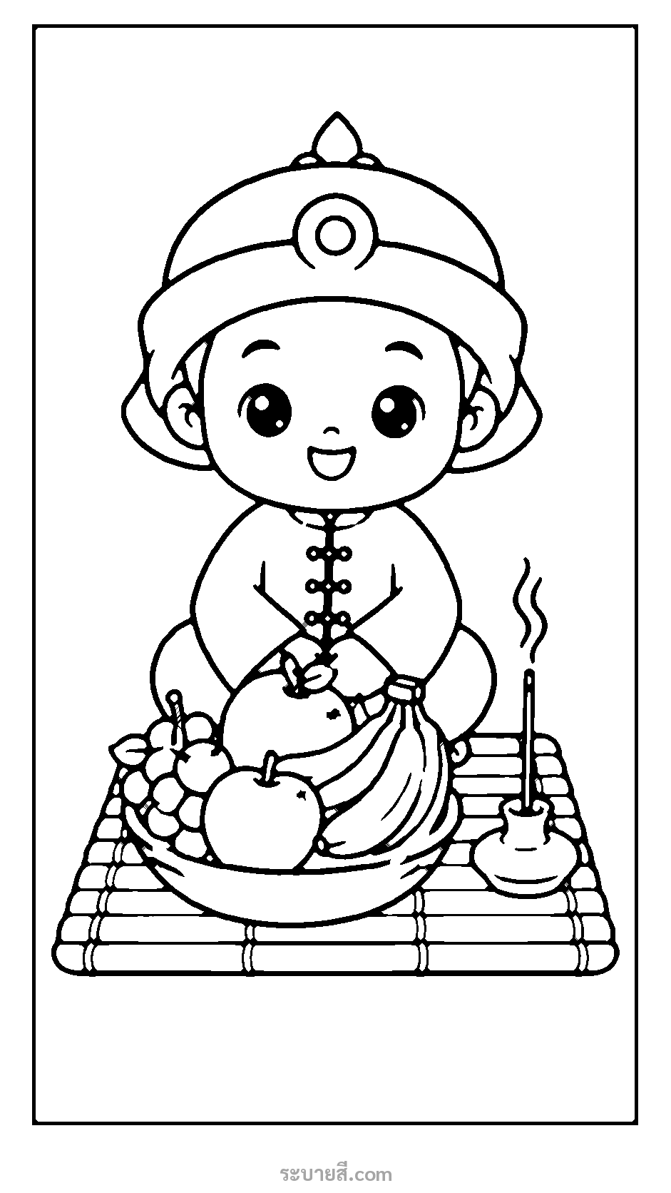 ภาพวาดระบายสี ภาพระบายสีเด็กใส่ชุดจีนไหว้ผลไม้