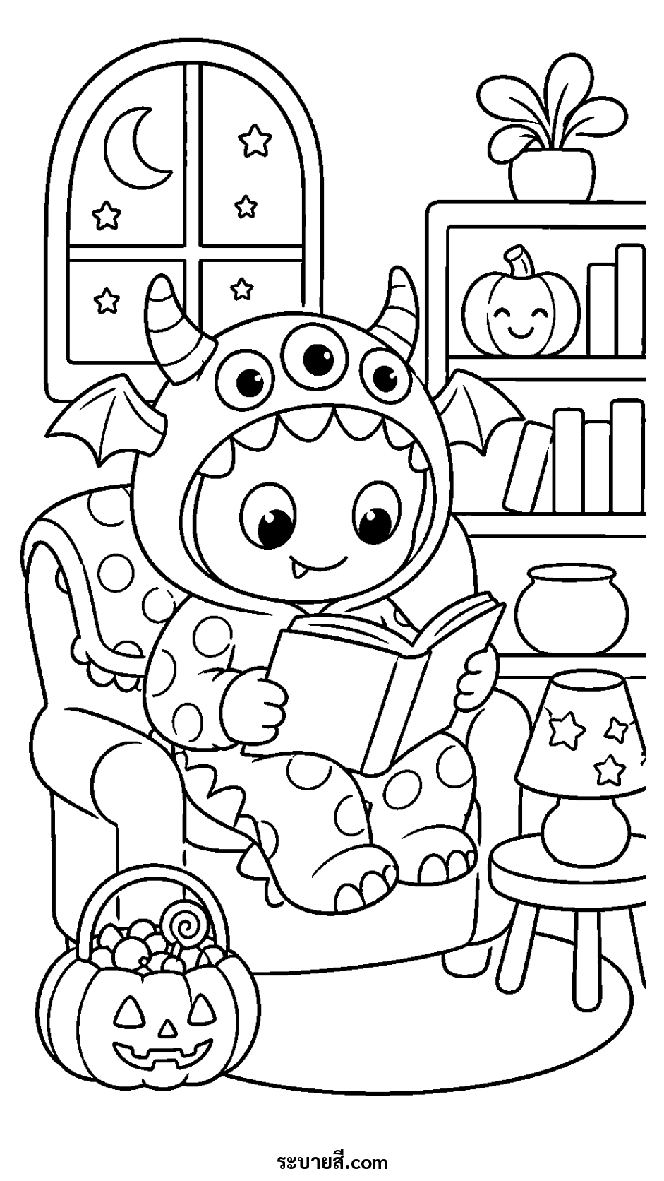 ภาพวาดระบายสี ภาพระบายสี Halloween น้องอ่านหนังสือในห้องสุดอบอุ่น