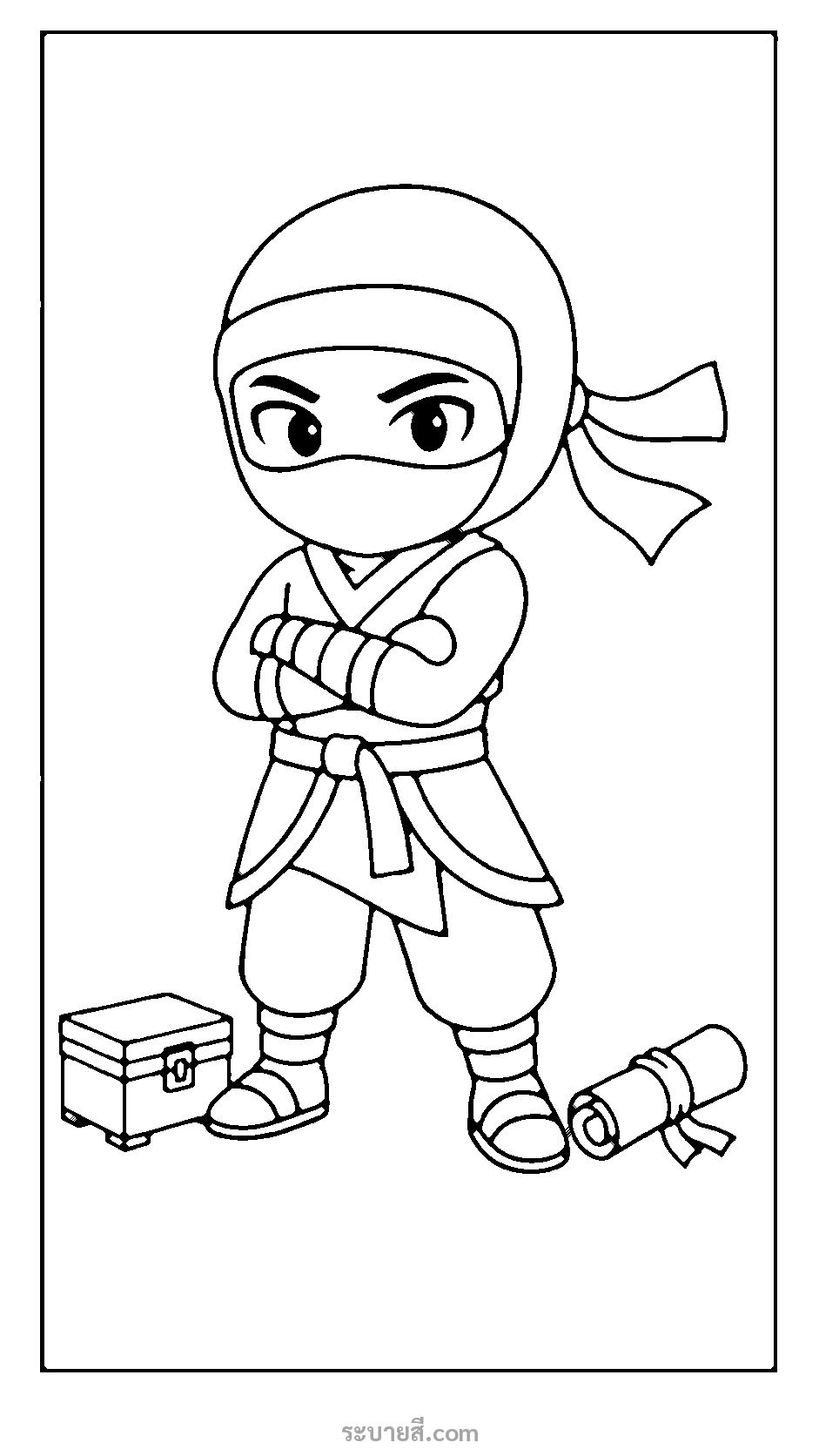 ภาพวาดระบายสี ระบายสีนินจายืนกอดอกพร้อมคัมภีร์