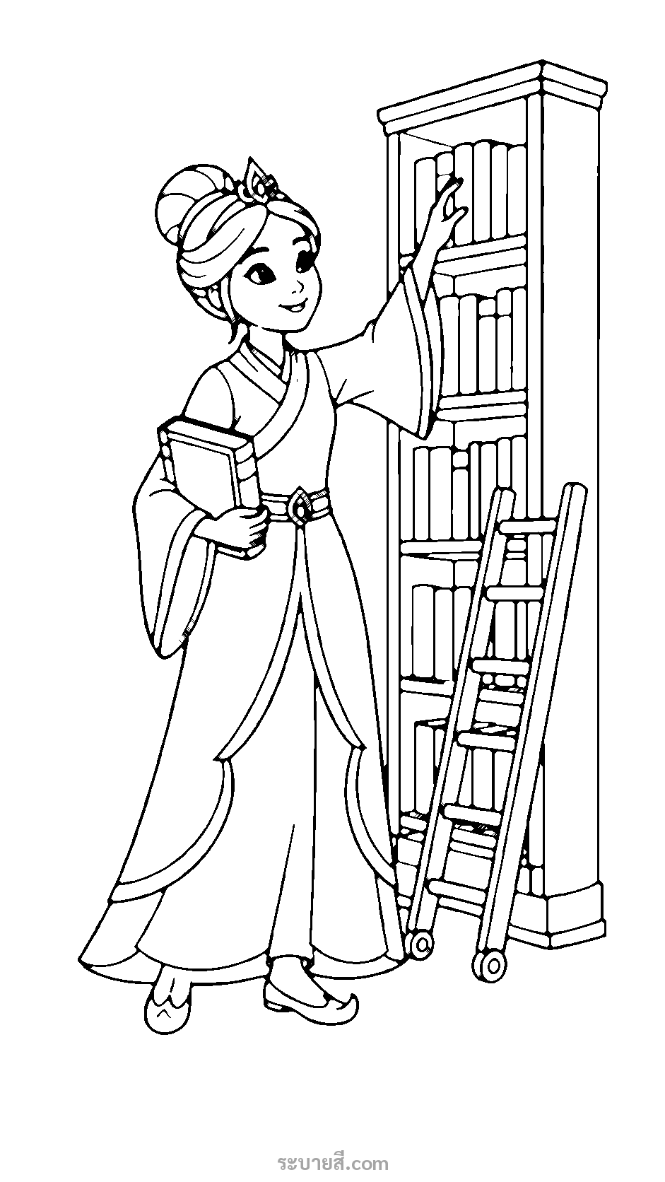 ภาพวาดระบายสี เจ้าหญิงหยิบหนังสือบนชั้นวางในห้องสมุด
