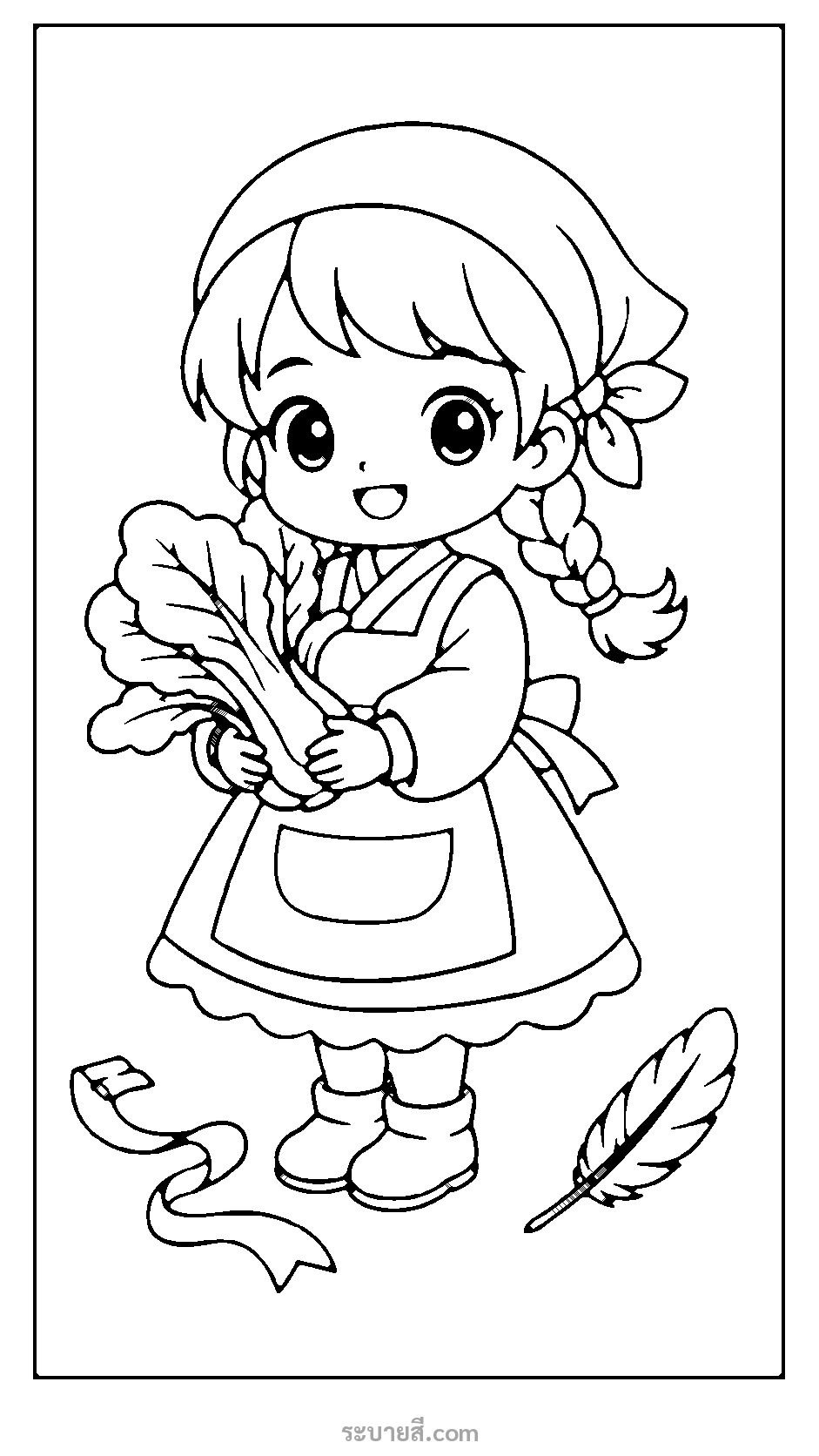 ภาพวาดระบายสี ระบายสีเด็กหญิงถือผักกาดขาวแสนน่ารัก