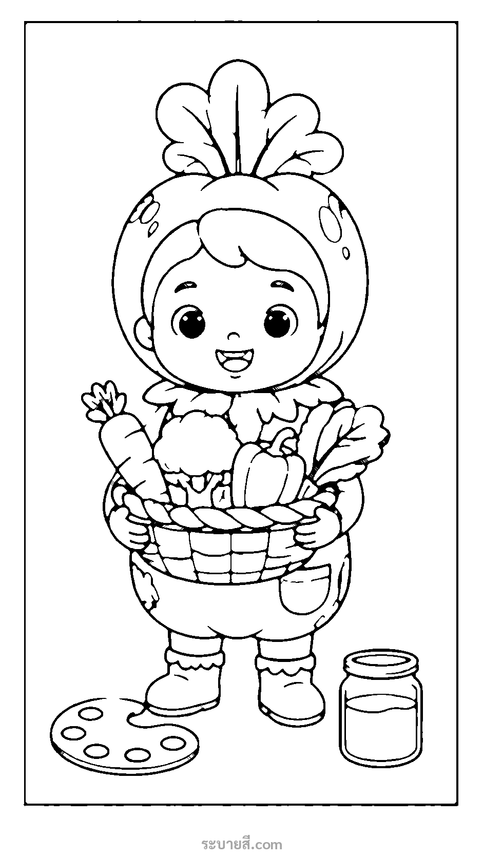 ระบายสีเด็กชุดผักถือตะกร้าสดใส