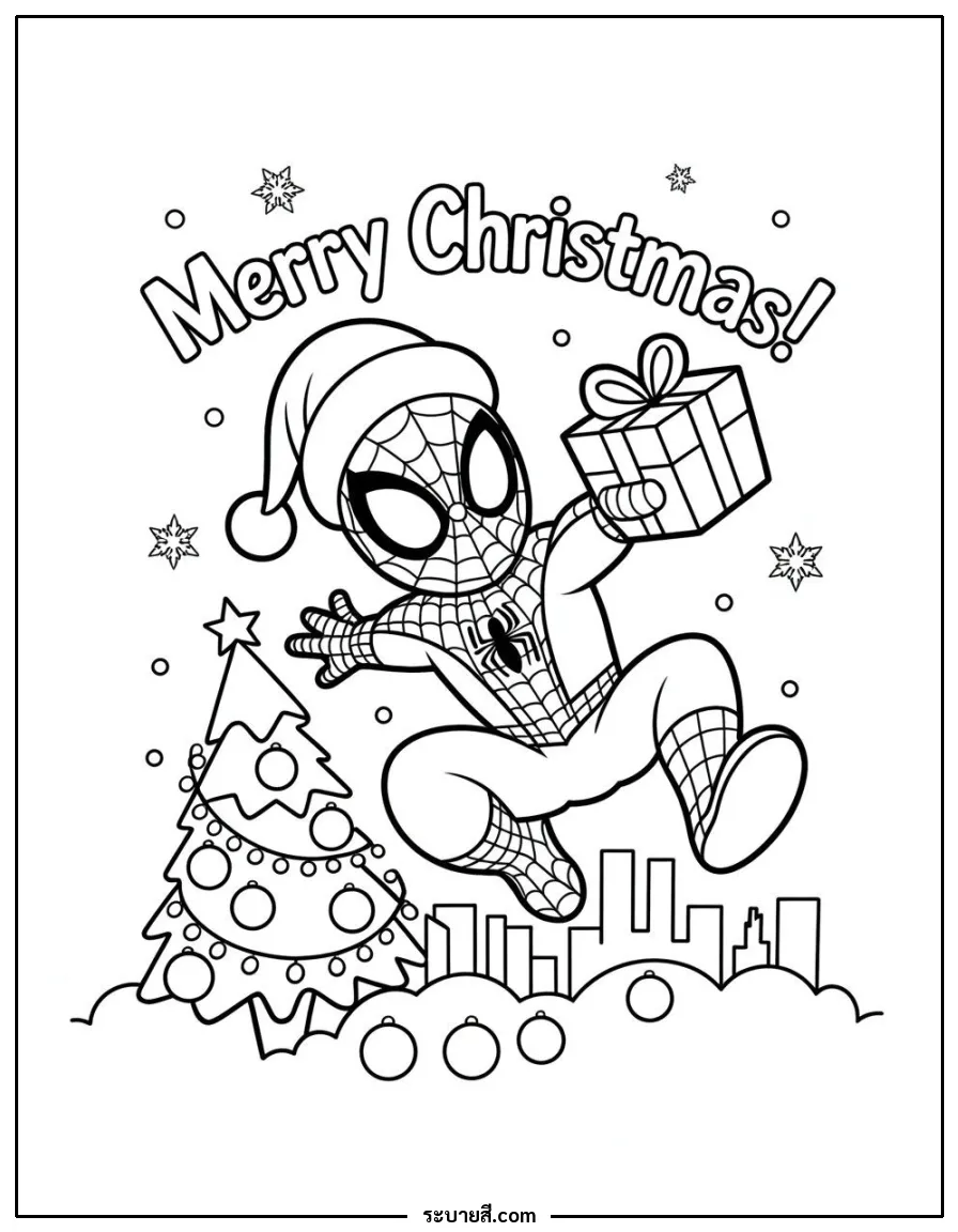 ภาพวาดระบายสี SpiderMan Merry Christmas