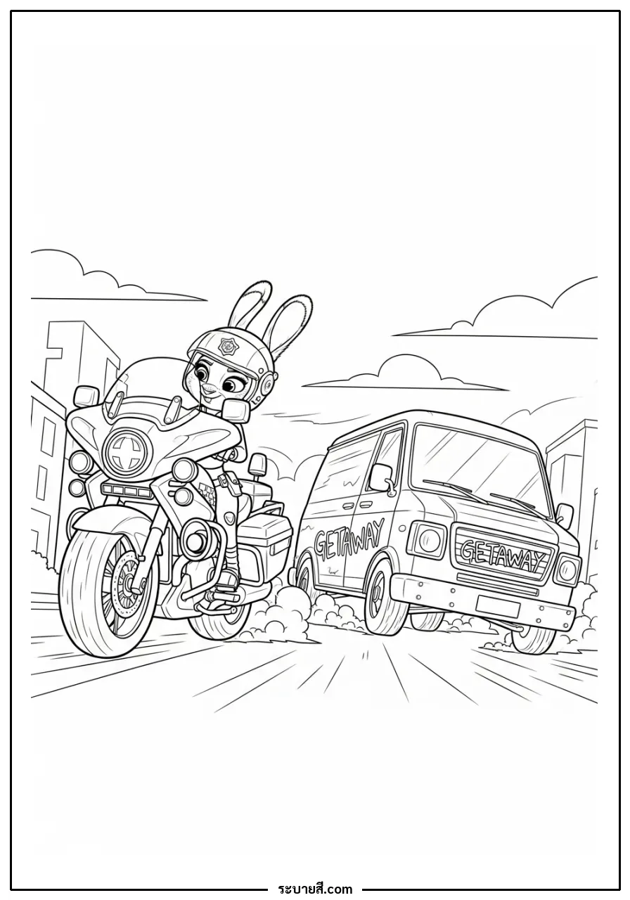 ภาพวาดระบายสี Judy Hopps motorcycle chase
