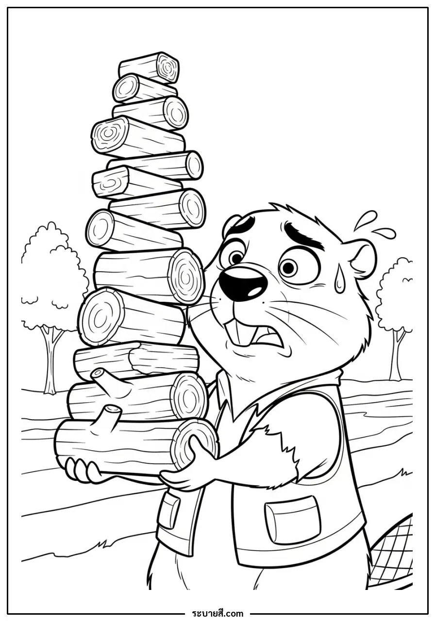 ภาพวาดระบายสี Nervous beaver holding wood