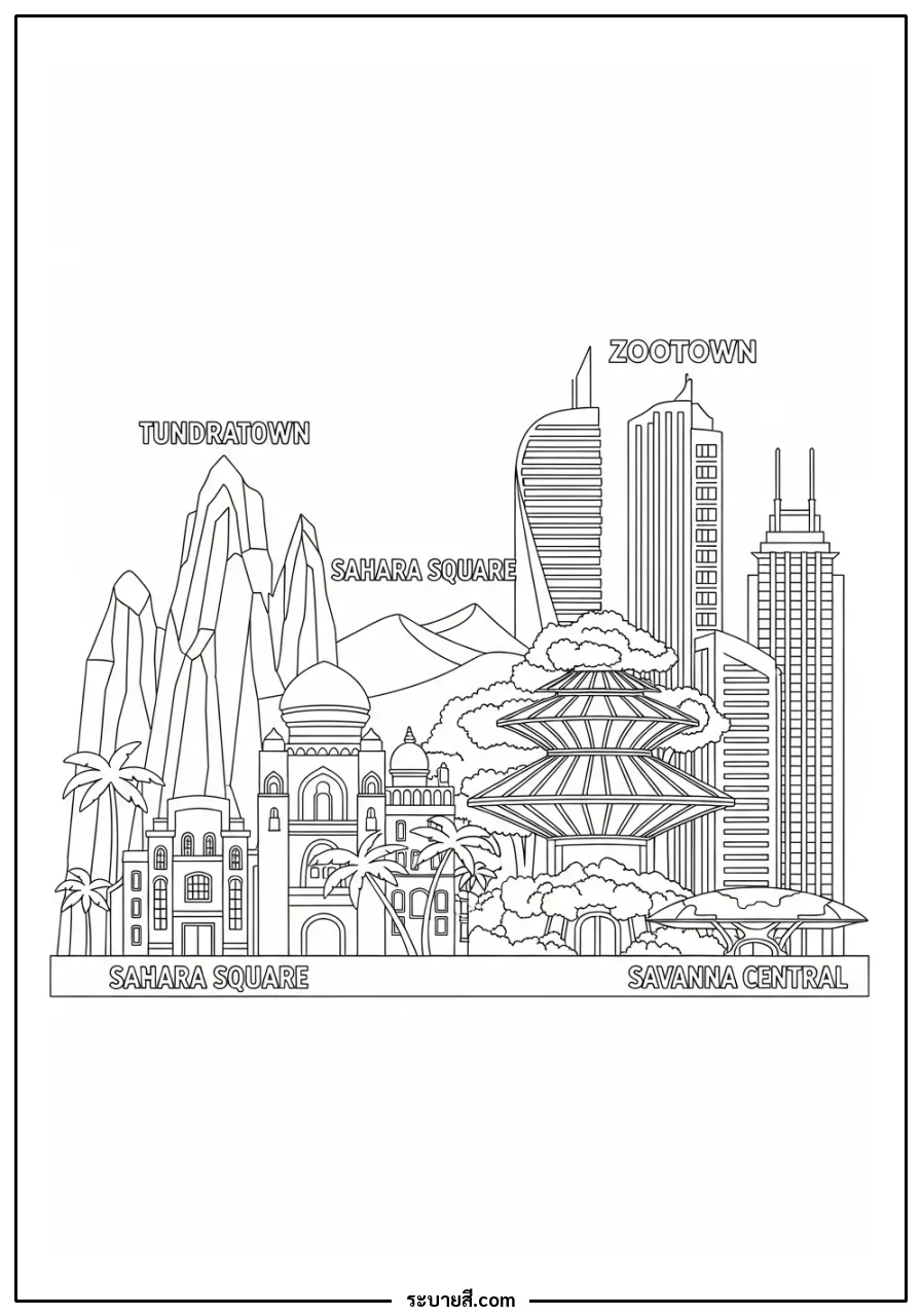 ภาพวาดระบายสี Zootopia city skyline view