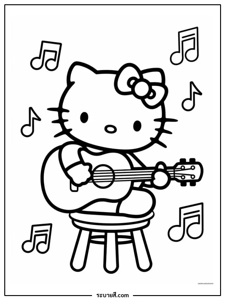 ภาพวาดระบายสี Hello Kitty playing guitar