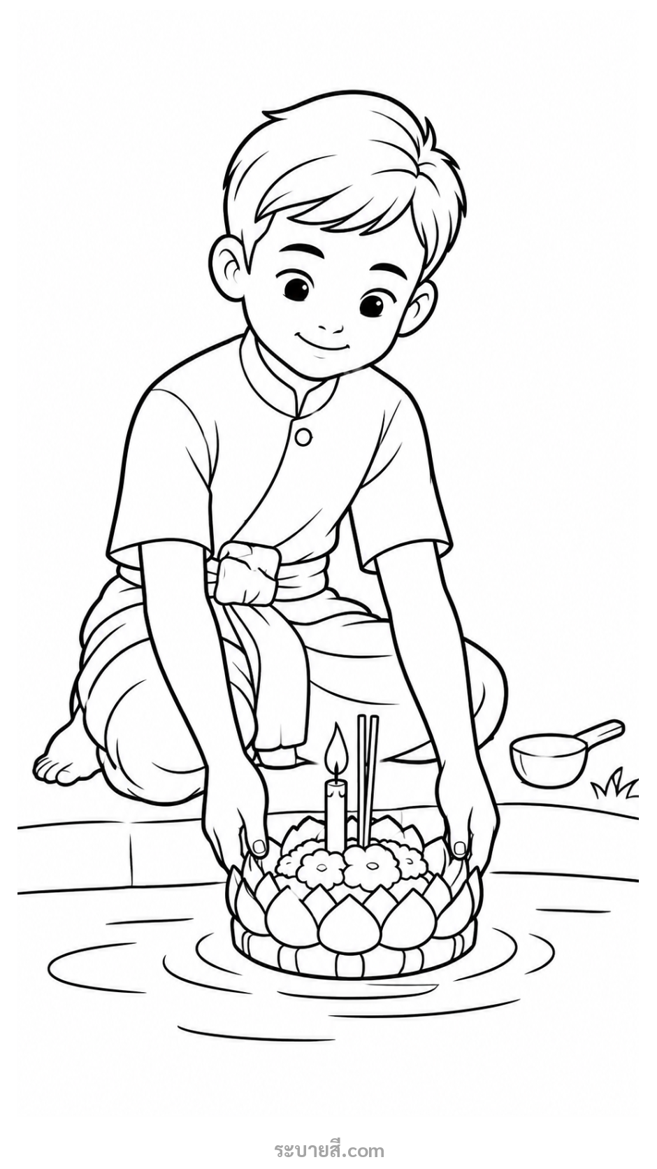 เด็กชายวางกระทงลงบนผิวน้ำ