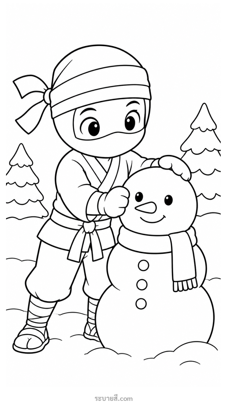 ภาพวาดระบายสี นินจาน้อยกอดตุ๊กตาหิมะในสวนหิมะ